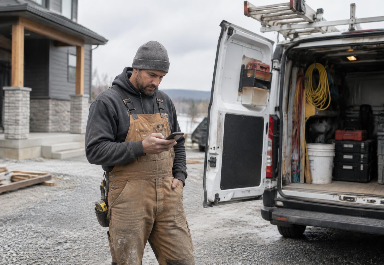 Contractor checking a new booking on his phone beside his work van