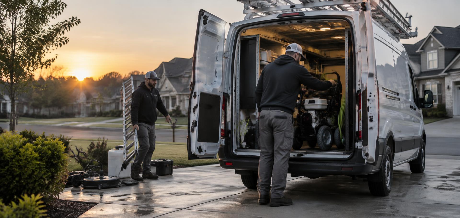 Service crew loading equipment into a work van at sunrise